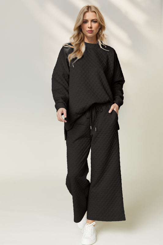 Double Take Checkered Slit High-Low Round Neck Top and Wide Leg Pants Set - ClassiQ