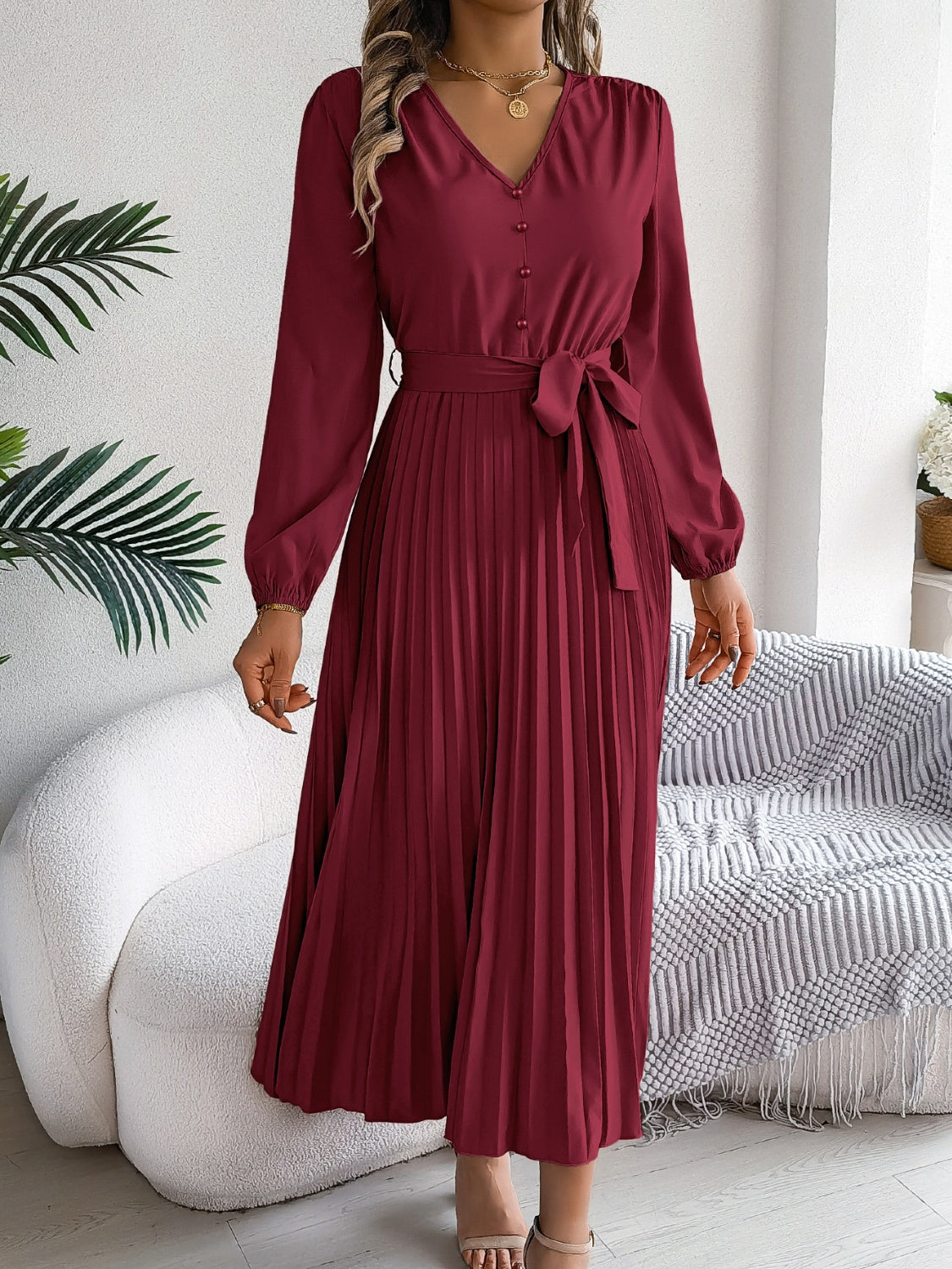 Pleated Tied V-Neck Long Sleeve Dress - Classique Collection