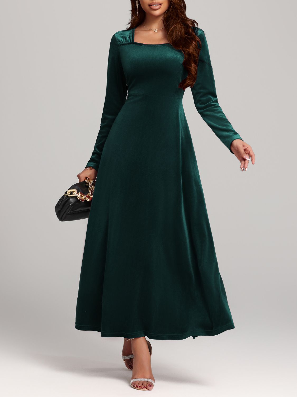 Square Neck Long Sleeve Velvet Dress - Classique Collection