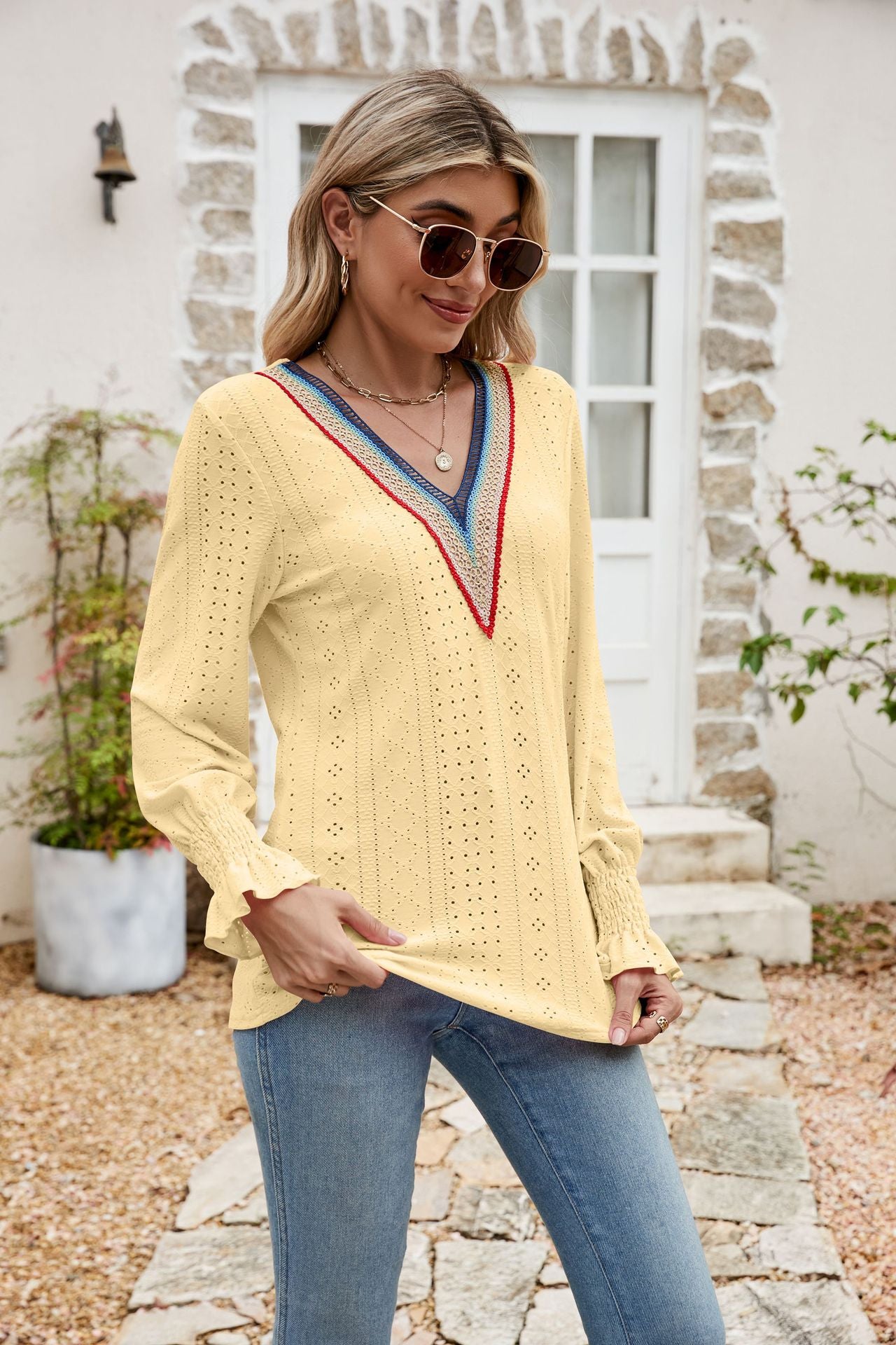 Eyelet Flounce Sleeve V-Neck Blouse - Classique Collection