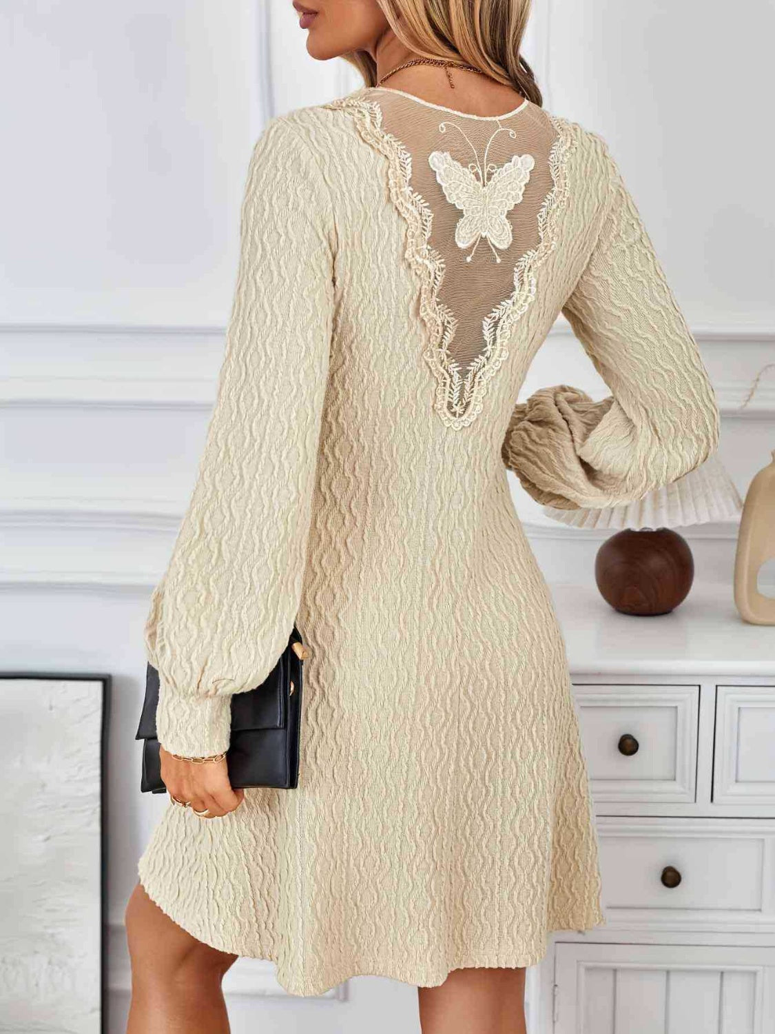 Lace Detail V-Neck Long Sleeve Dress - Classique Collection