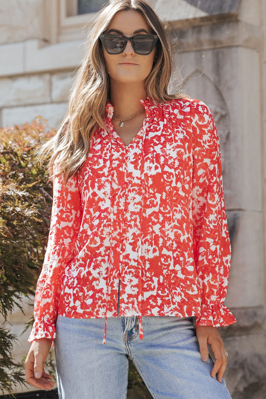 Printed Tie Neck Flounce Sleeve Blouse - Classique Collection