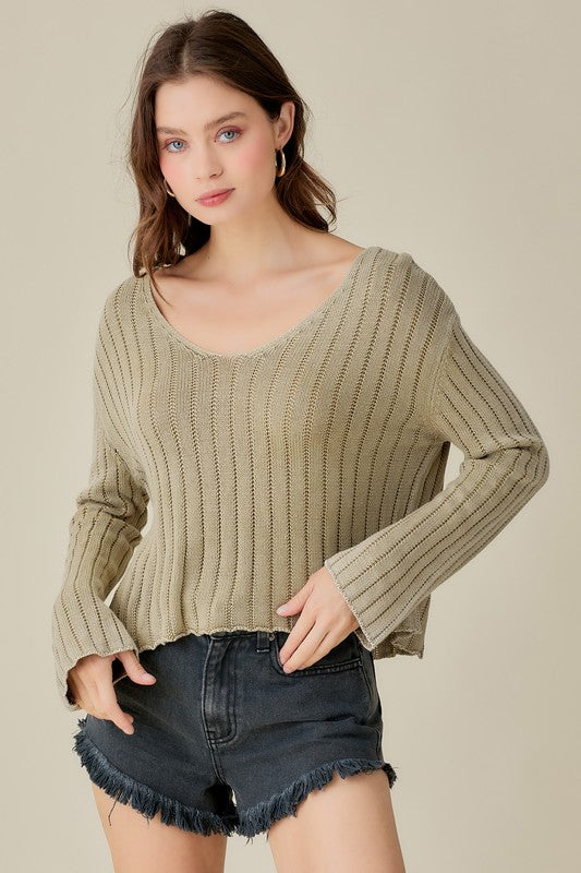 V-Neck Washed Crop Sweater - Classique Collection