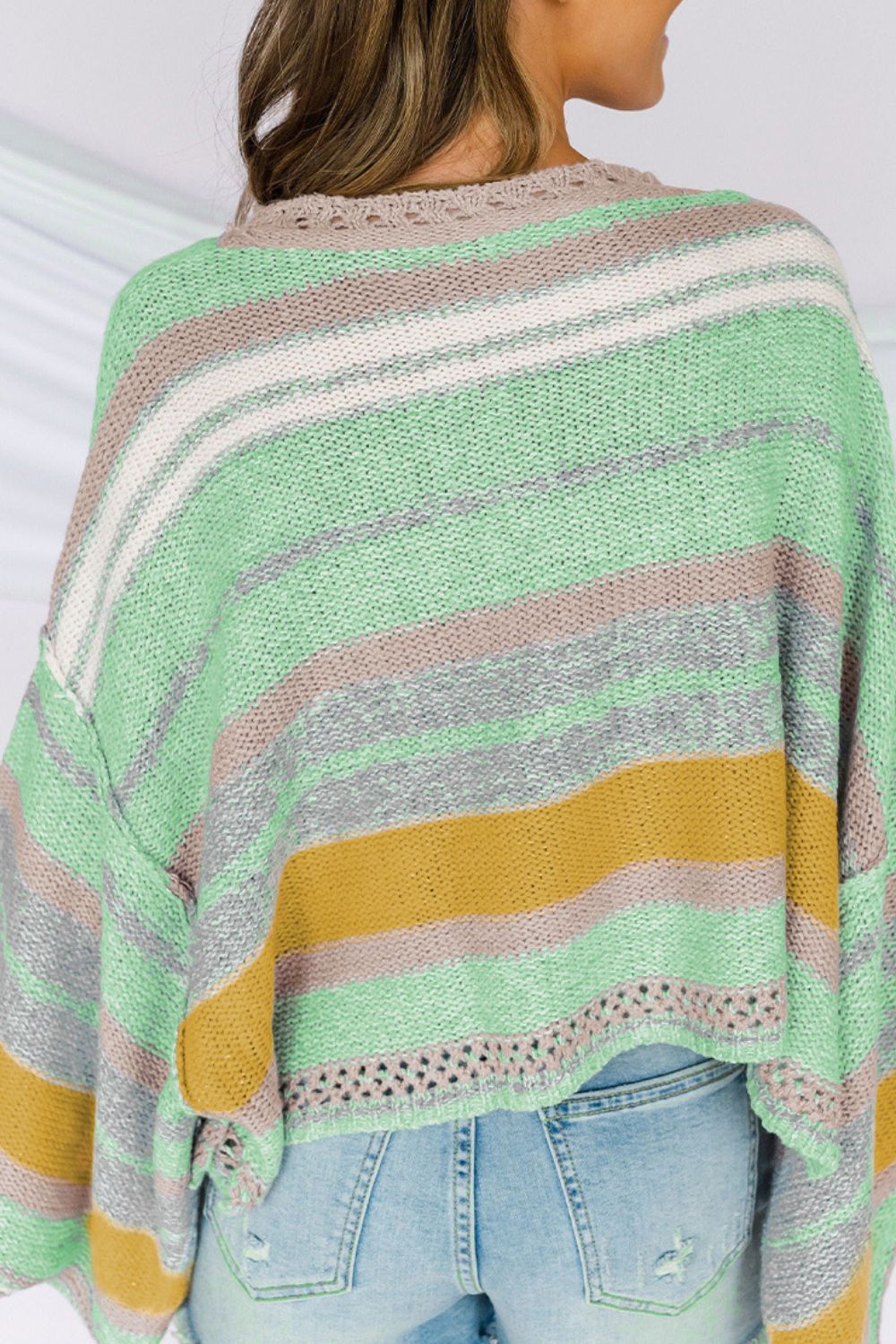 Contrast Striped Boat Neck Dropped Shoulder Sweater - ClassiQ