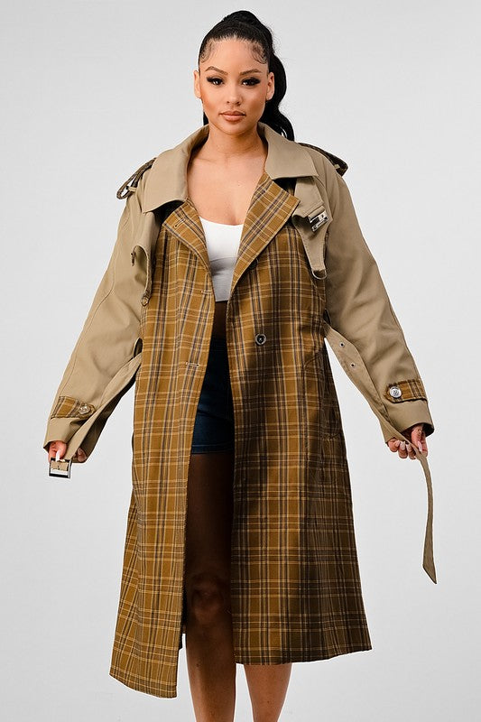 ATHINA PLAID AND KHAKI CONTRAST TRENCH COAT - Classique Collection