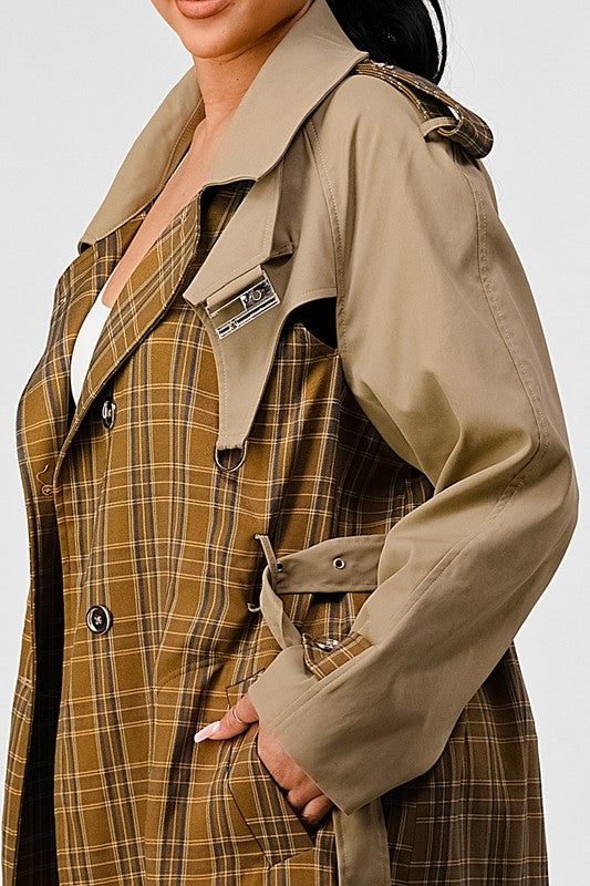 ATHINA PLAID AND KHAKI CONTRAST TRENCH COAT - Classique Collection