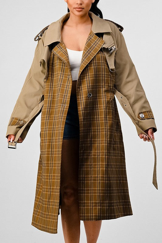 ATHINA PLAID AND KHAKI CONTRAST TRENCH COAT - Classique Collection