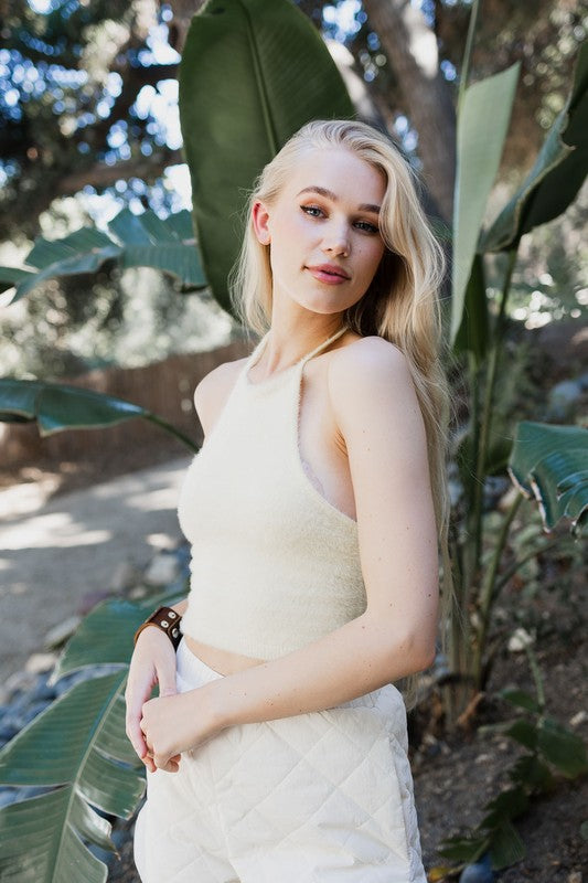 Fuzzy Sweater Halter Cropped Top - Classique Collection