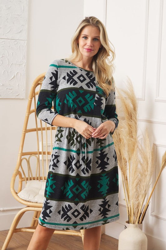 Plus Tribal Drawstring Blouson Midi Dress - Classique Collection