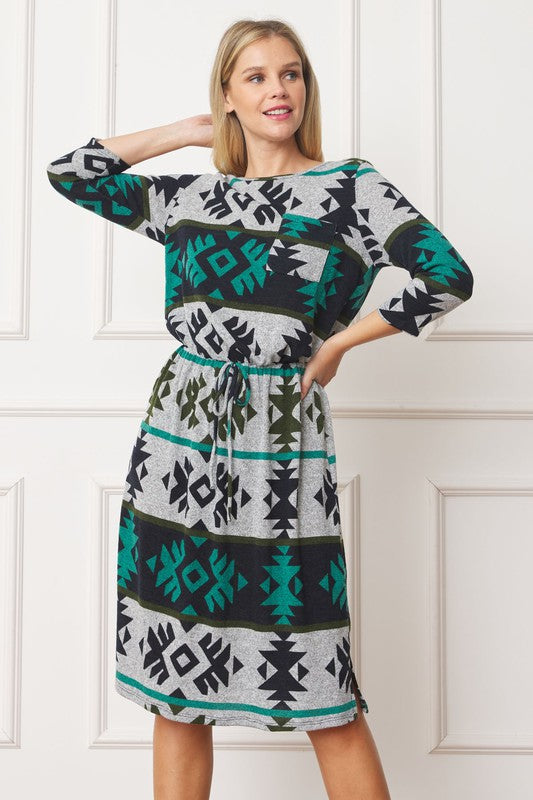 Plus Tribal Drawstring Blouson Midi Dress - Classique Collection