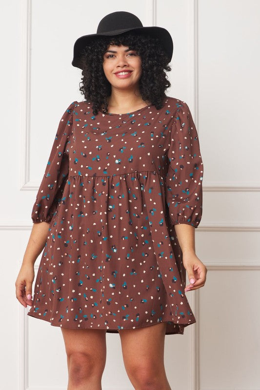 Plus Abstract Polka Dot Bishop Sleeve Mini Dress - Classique Collection