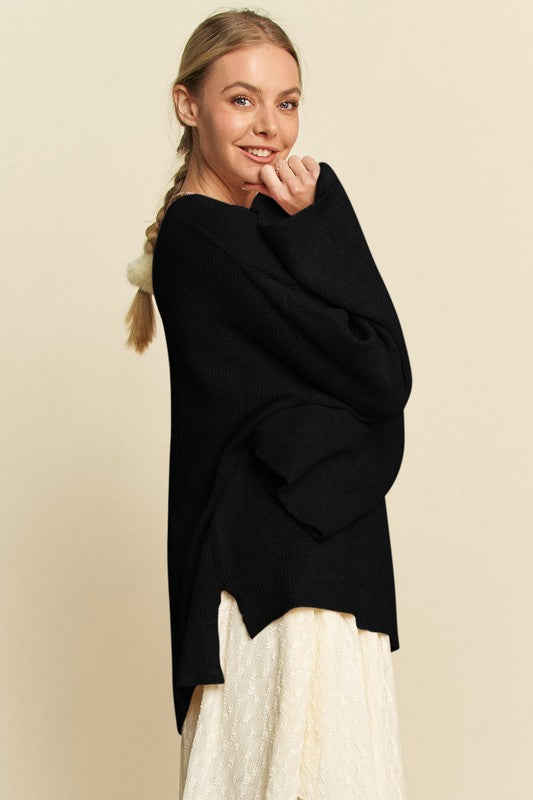 Davi & Dani High-Low Round Neck Drop Shoulder Sweater - ClassiQ