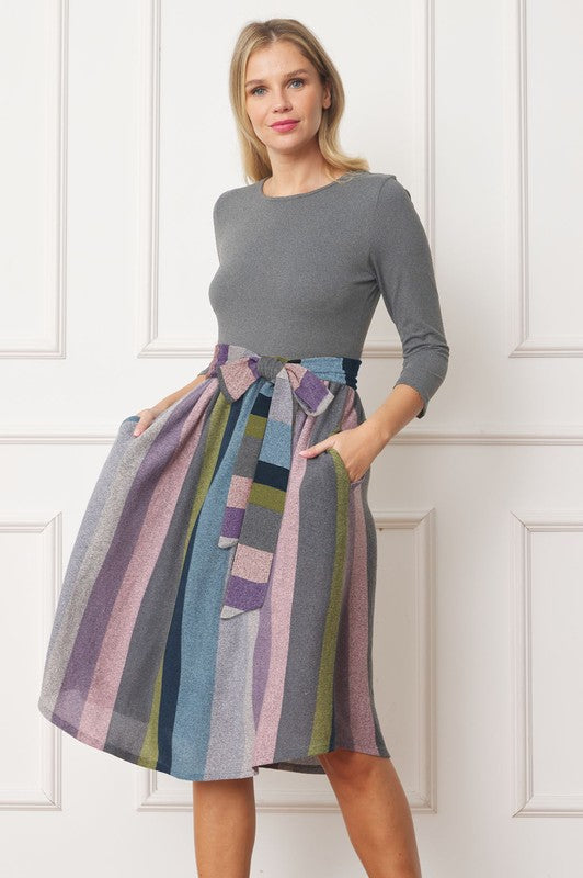 Quarter Sleeve Stripe Sash Midi Dress - Classique Collection