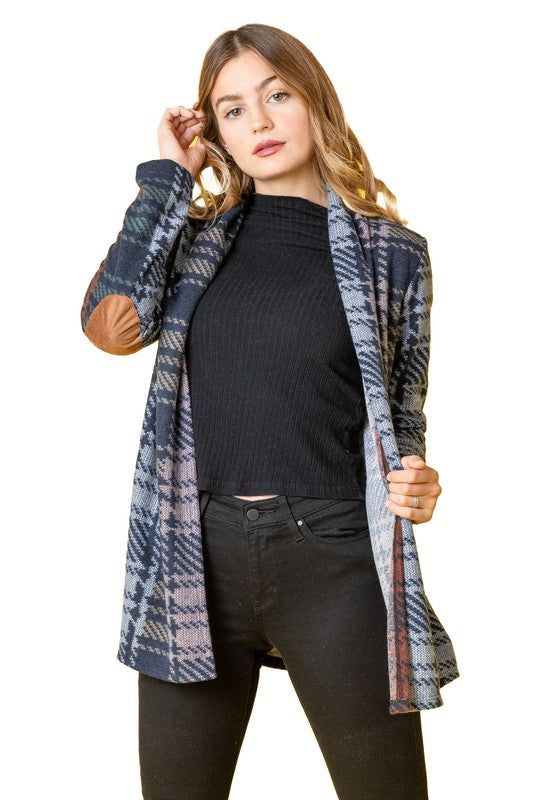 Multi Color Plaid Elbow Patch Cardigan - Classique Collection