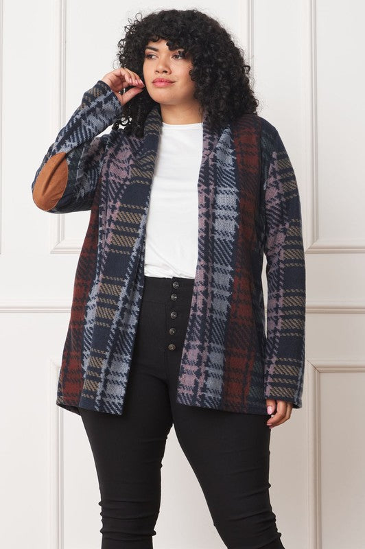 Plus Multi Color Plaid Elbow Patch Cardigan - Classique Collection