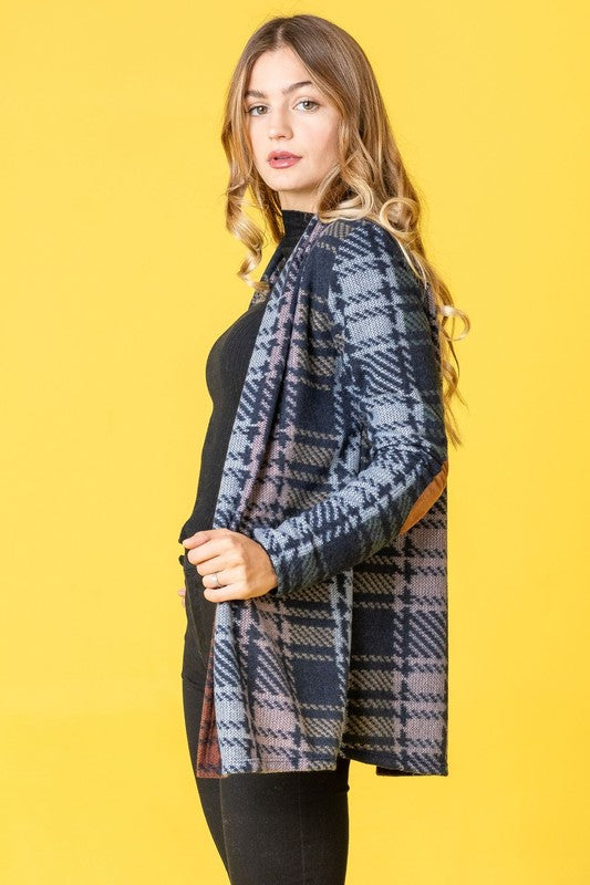 Multi Color Plaid Elbow Patch Cardigan - Classique Collection