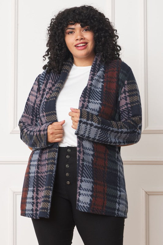 Plus Multi Color Plaid Elbow Patch Cardigan - Classique Collection