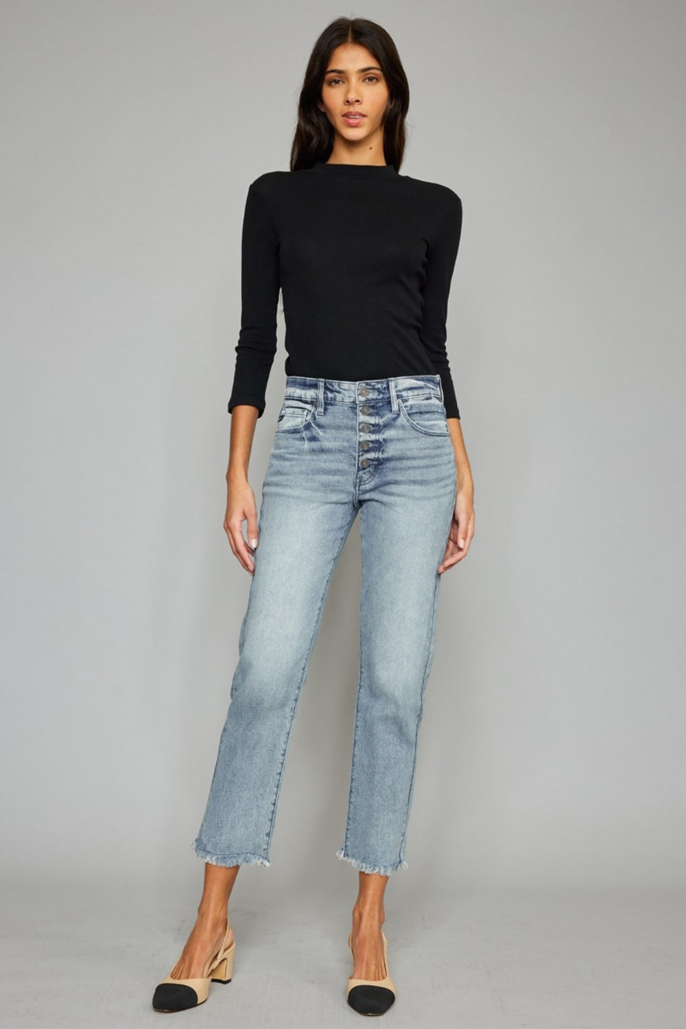 Kancan High Waist Button Fly Raw Hem Cropped Straight Jeans - ClassiQ