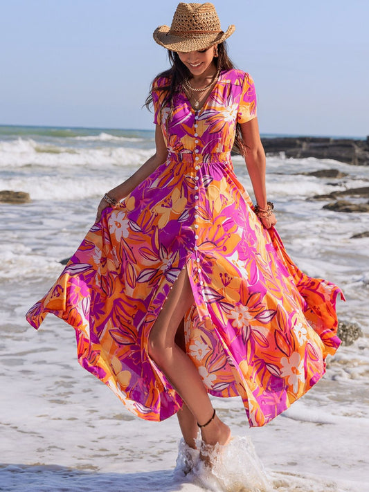Printed V-Neck Short Sleeve Midi Dress - Classique Collection