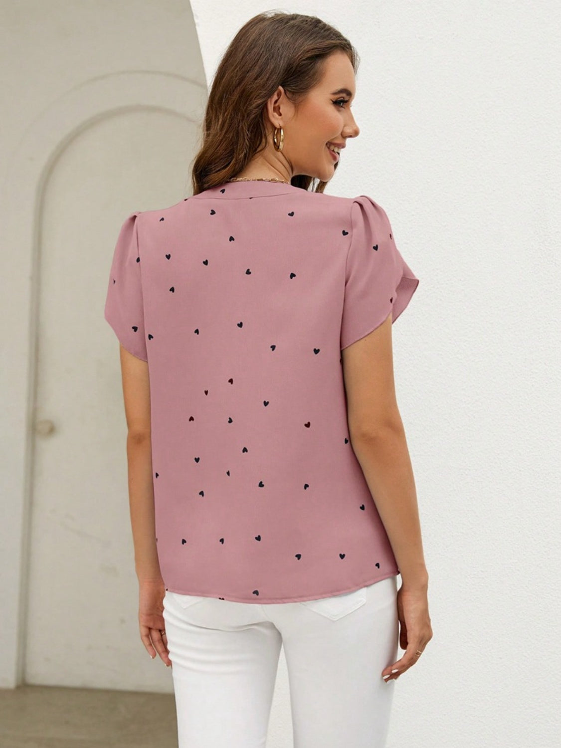 Heart Print Notched Petal Sleeve Blouse - ClassiQ