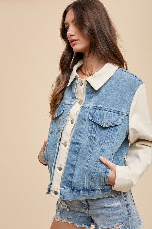 Annie Wear Collared Neck Double Placket Denim Jacket - ClassiQ