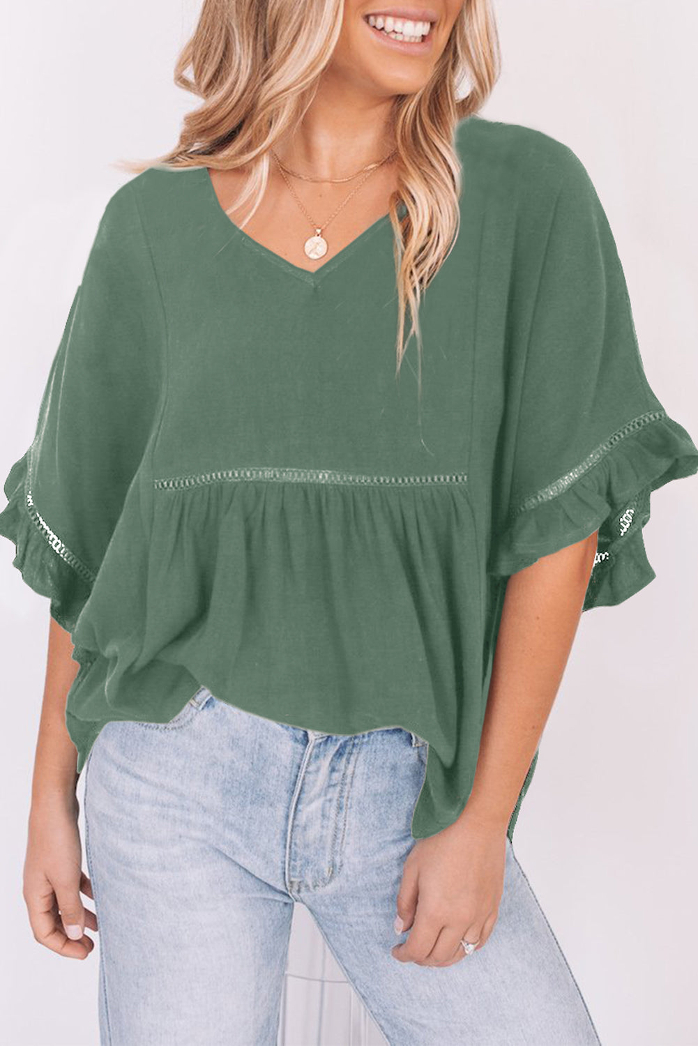 V-Neck Flounce Sleeve Babydoll Blouse - Classique Collection