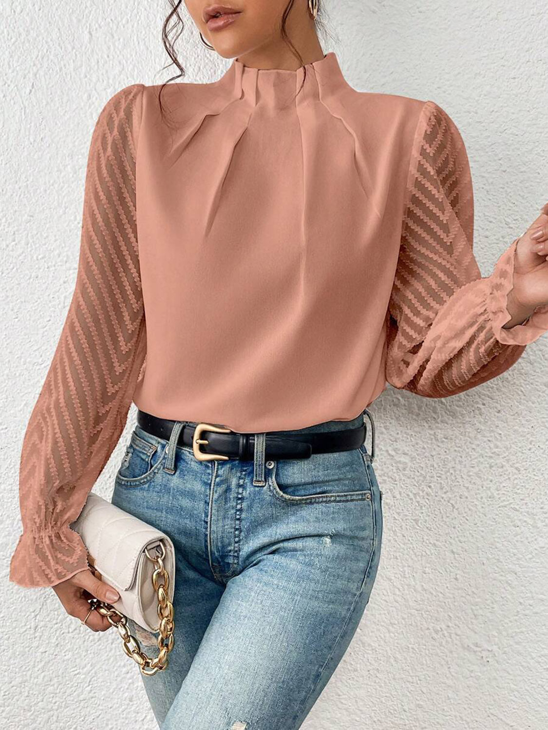 Mock Neck Flounce Sleeve Blouse - Classique Collection