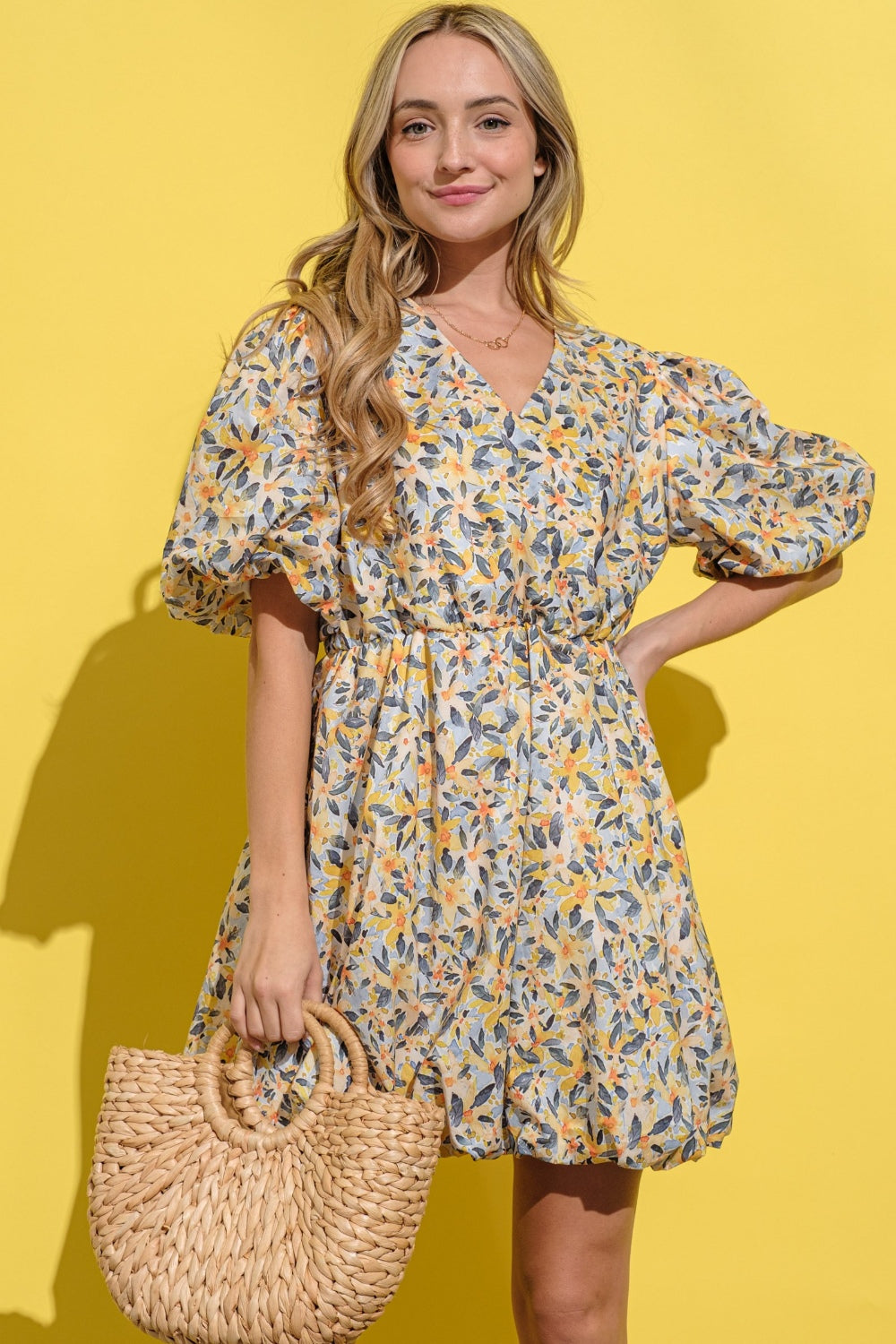 And The Why Full Size Floral Surplice Puff Sleeve Dress - Classique Collection