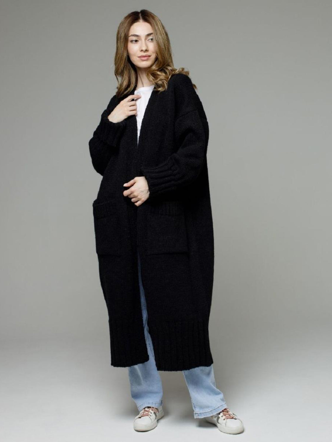 Pocketed Open Front Dropped Shoulder Cardigan - Classique Collection