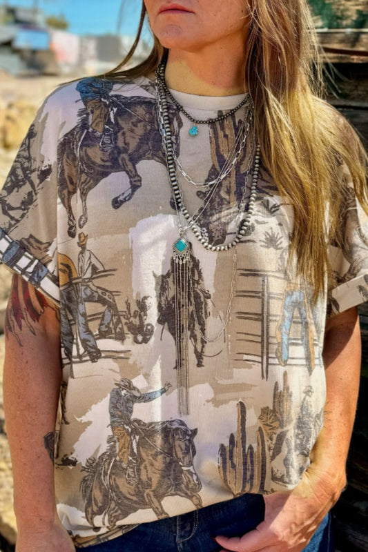 Cowboy Print Round Neck Short Sleeve T Shirt - Classique Collection