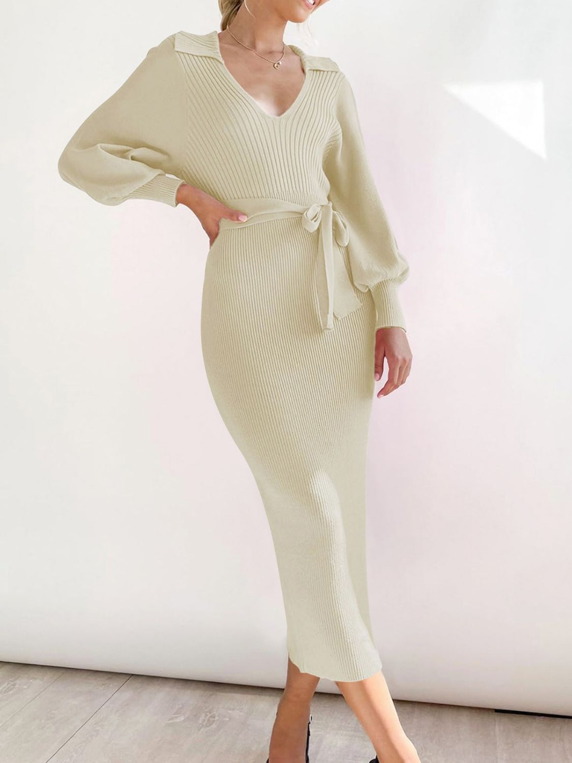 Perfee Tied Long Sleeve Wrap Sweater Dress - Classique Collection