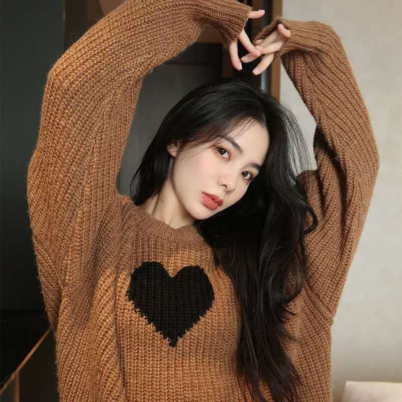 Casual Outer Wear Love Loose Sweater Women Round Neck Pullover Knit Top