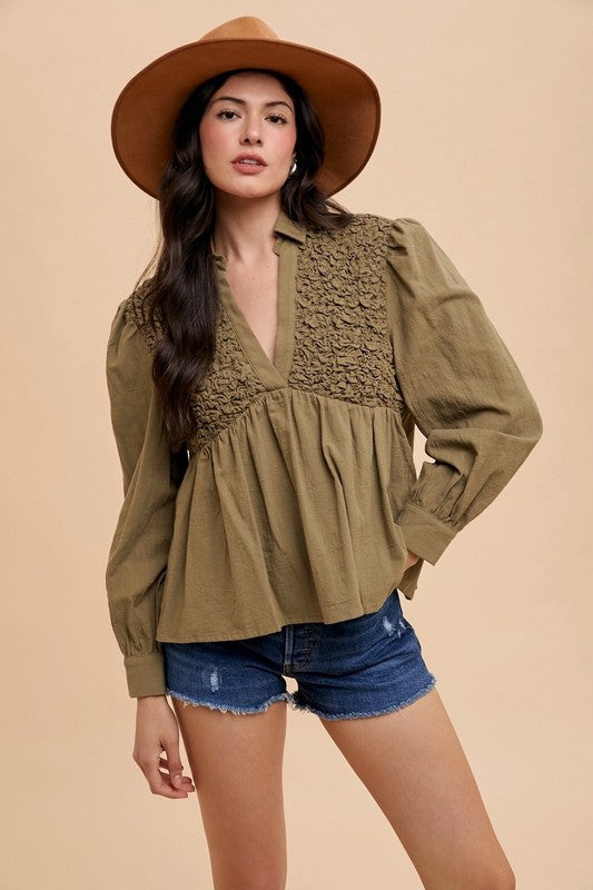 Annie Wear Smocked Front Long Sleeve Babydoll Blouse - ClassiQ