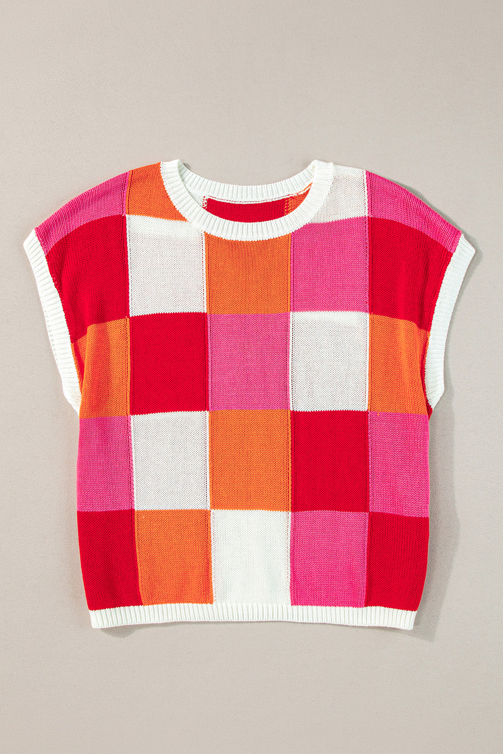 Contrast Plaid Round Neck Cap Sleeve Sweater - ClassiQ