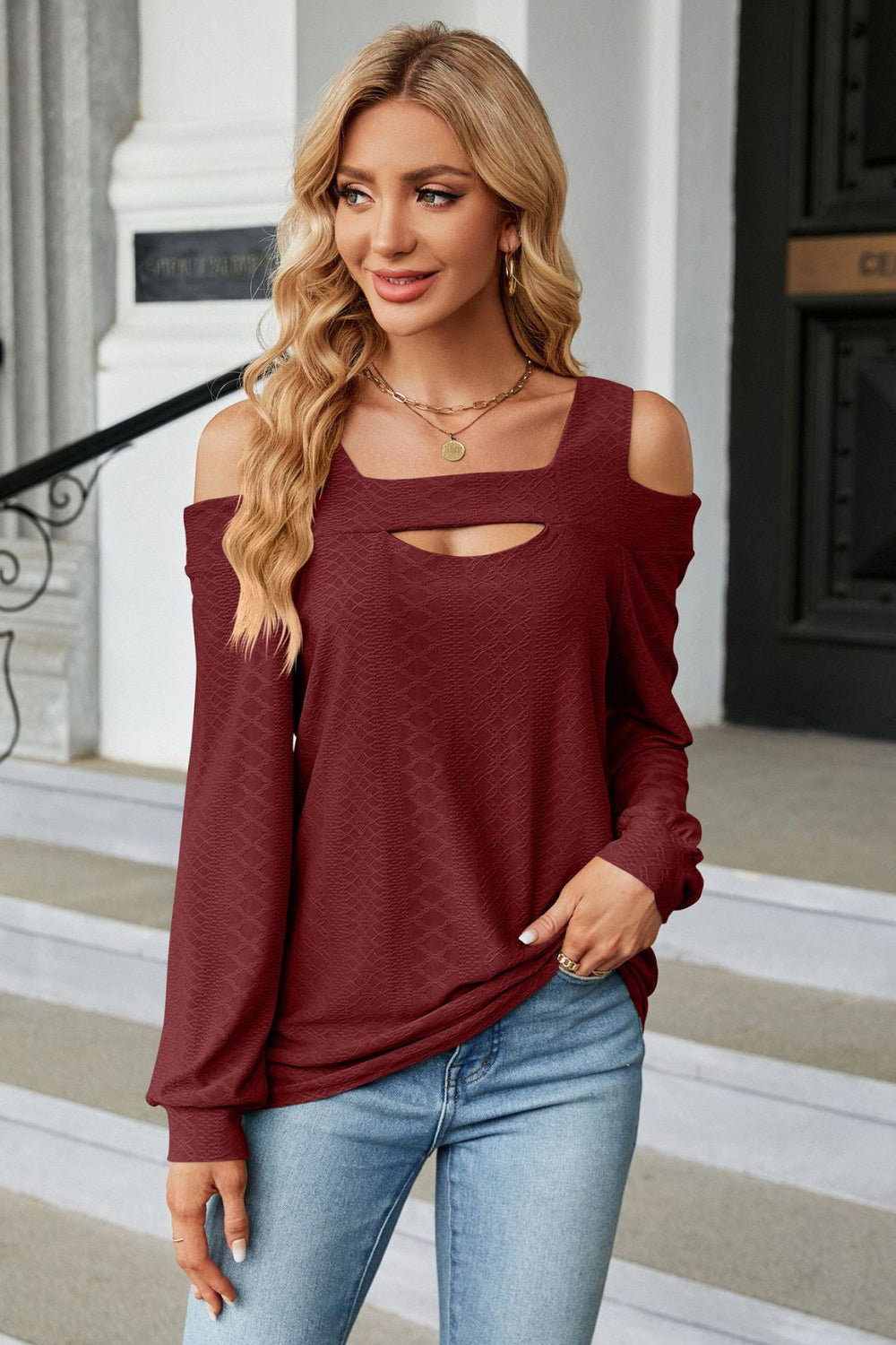 Cold Shoulder Square Neck Cutout Blouse - Classique Collection