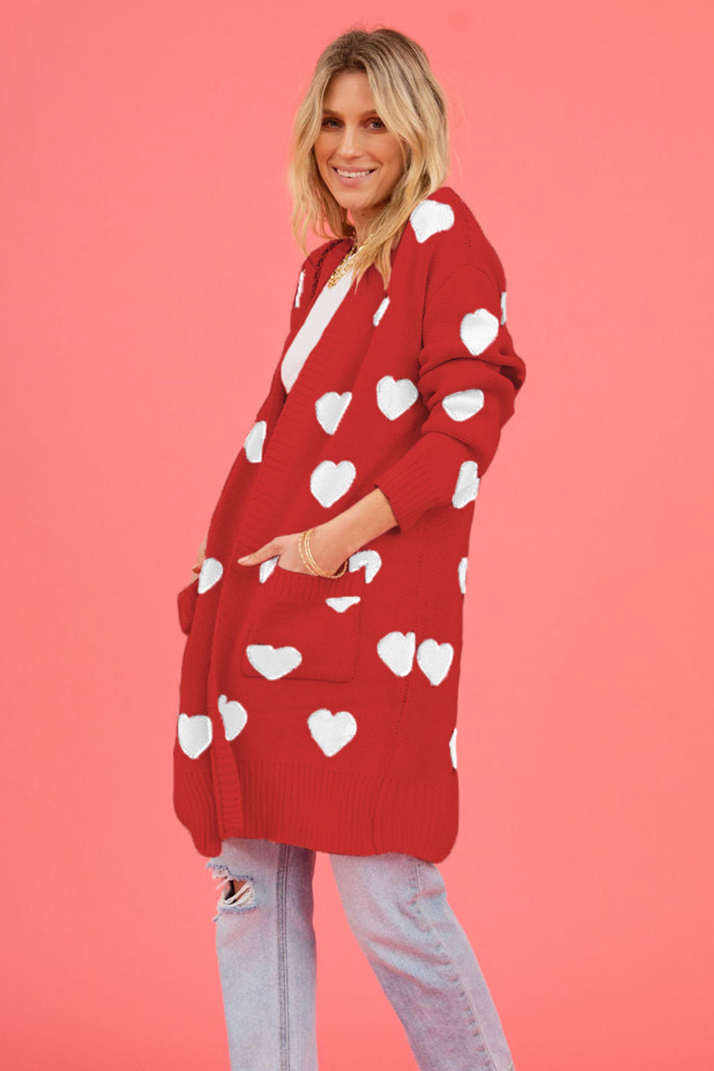 Heart Graphic Open Front Cardigan with Pockets - ClassiQ