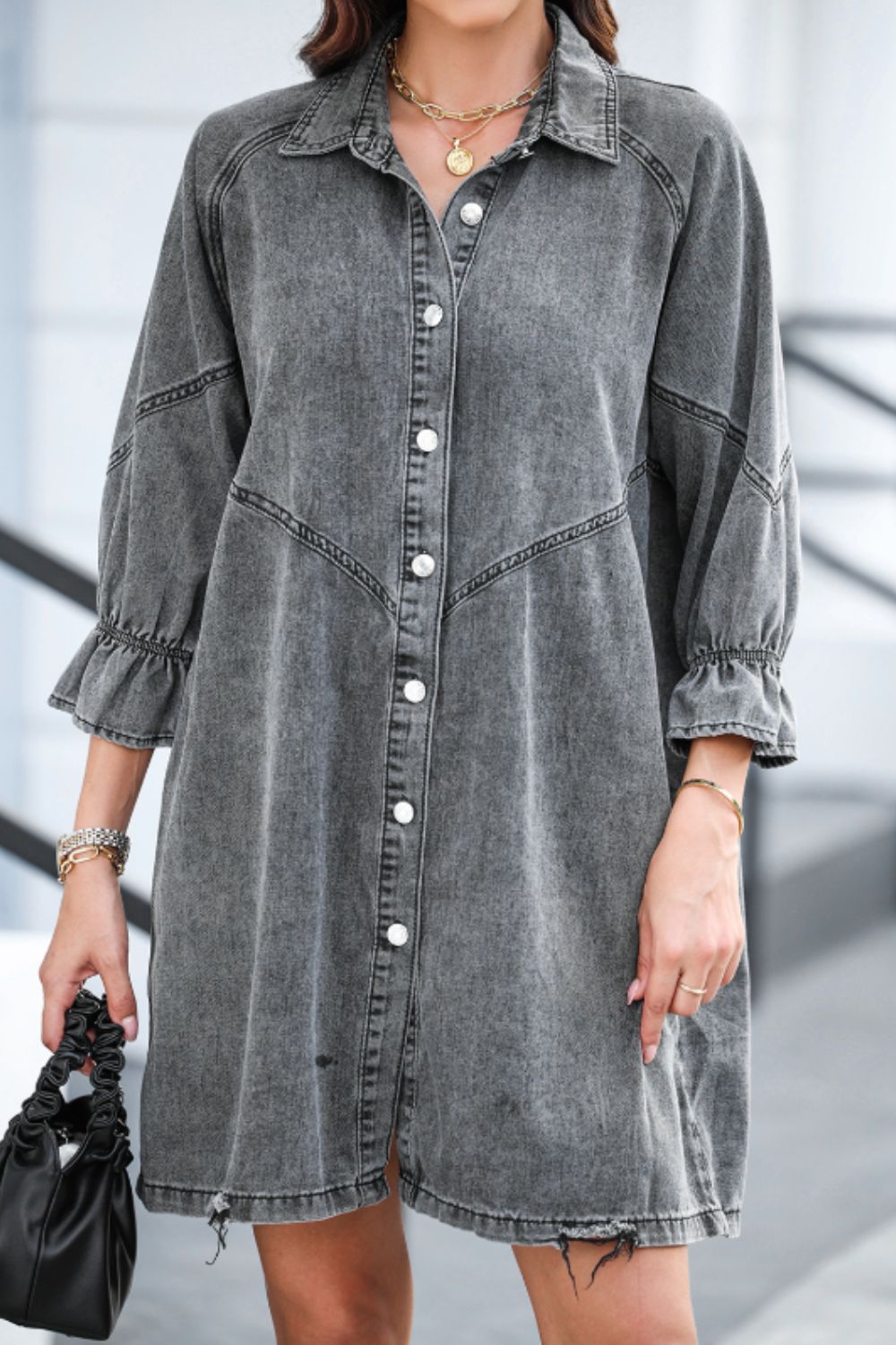 Distressed Collared Neck Flounce Sleeve Denim Dress - Classique Collection