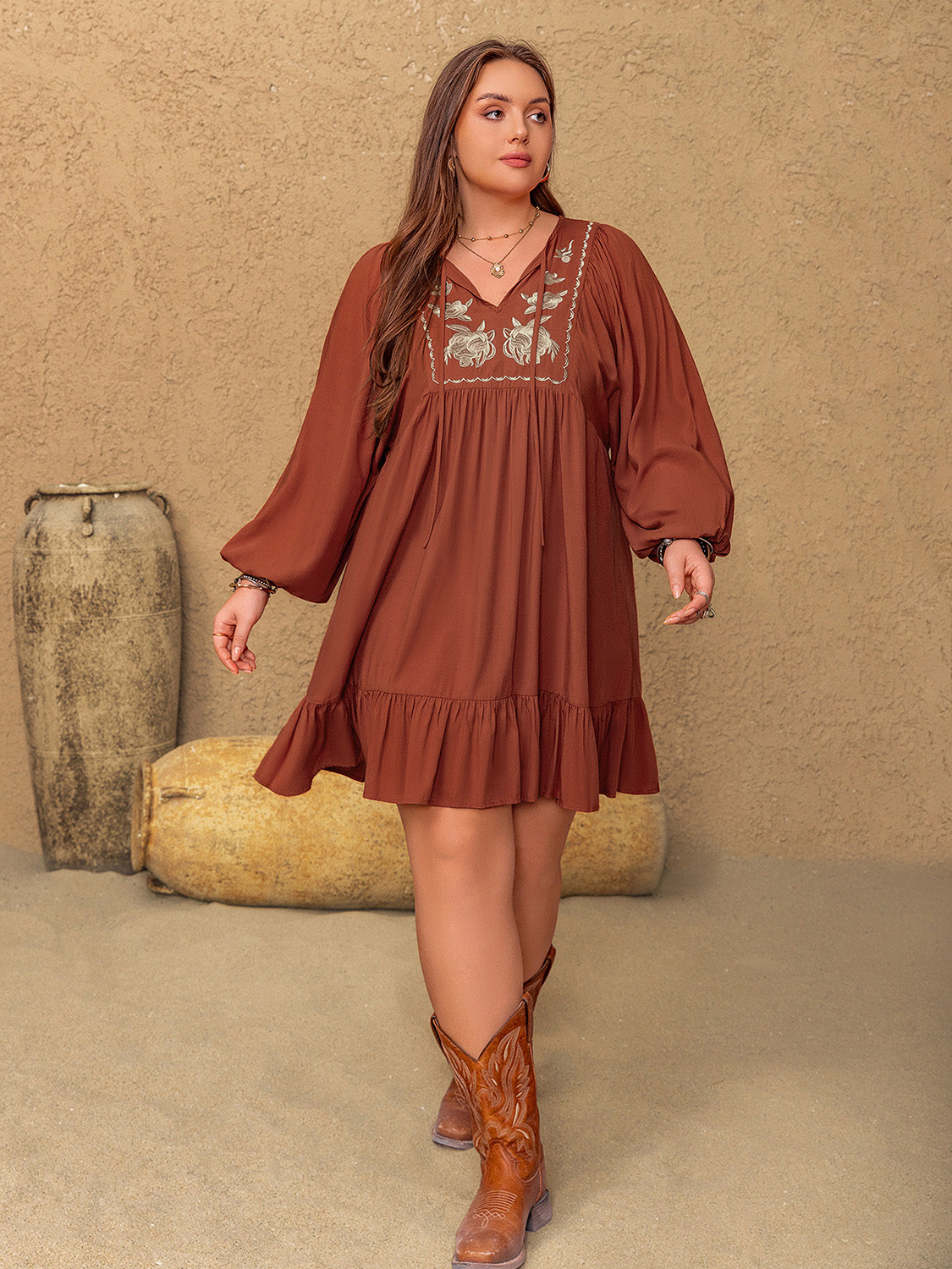 Plus Size Embroidered Tie Neck Balloon Sleeve Mini Dress - Classique Collection