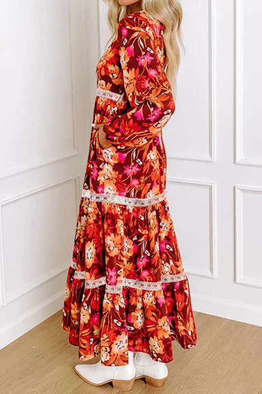 Printed V-Neck Long Sleeve Midi Dress - Classique Collection