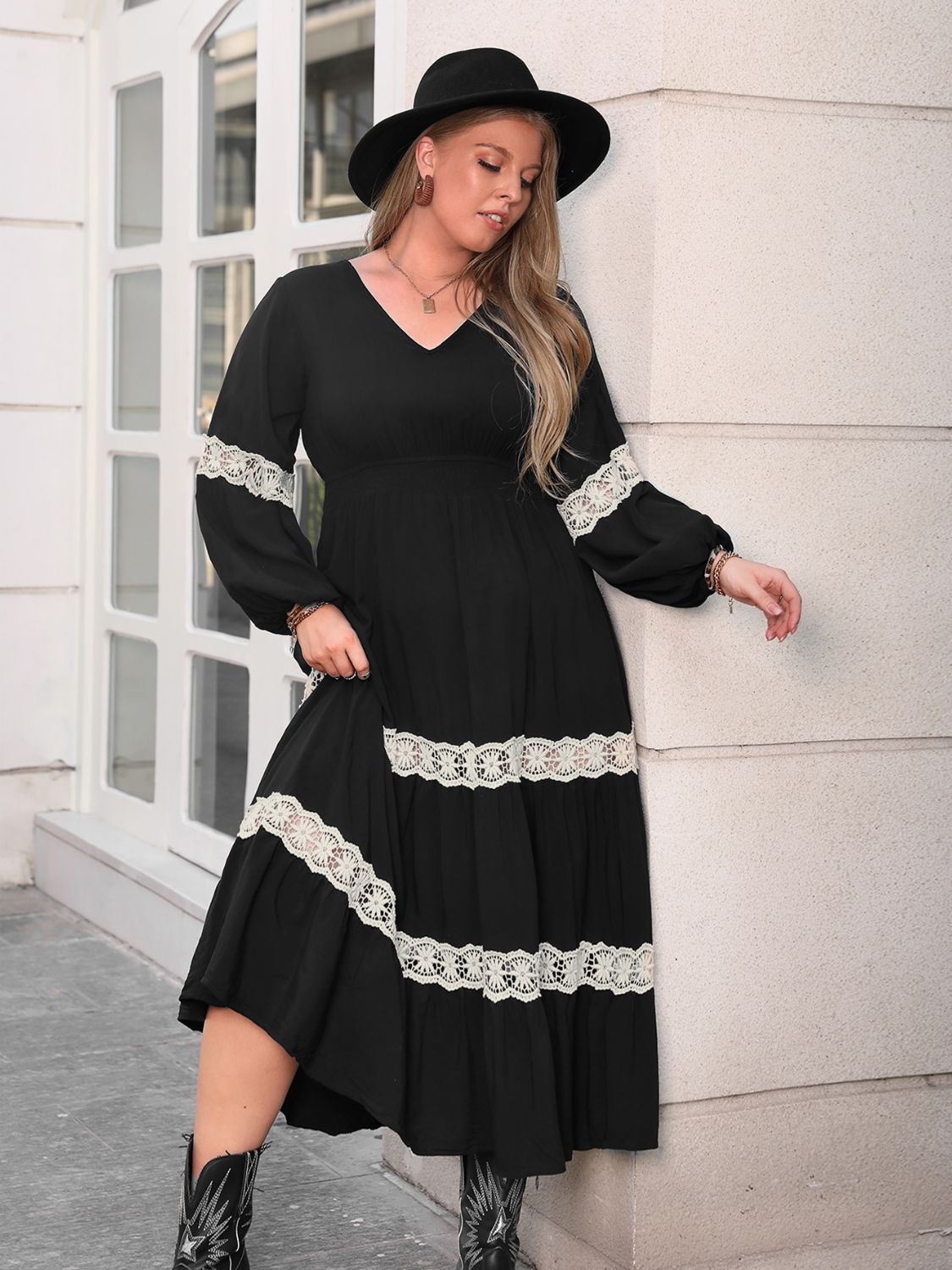 Plus Size Lace Detail V-Neck Long Sleeve Midi Dress - Classique Collection