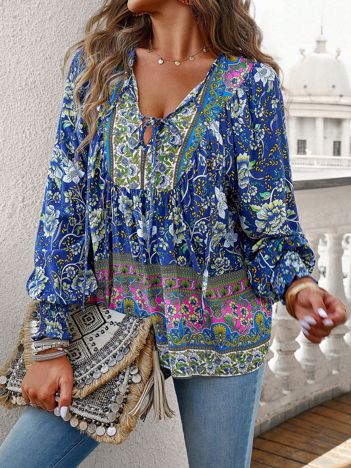 Devine Bohemian Tie Neck Lantern Sleeve Blouse - Classique Collection