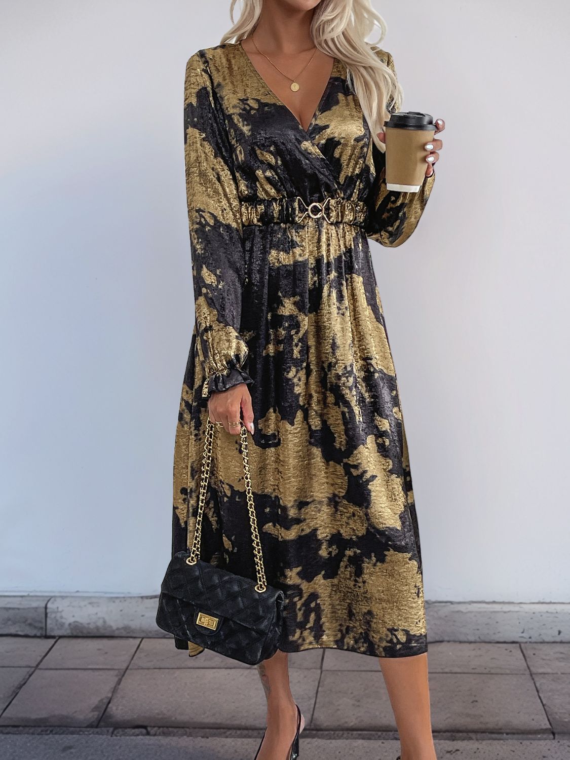 Perfee Printed Surplice Long Sleeve Midi Dress - Classique Collection