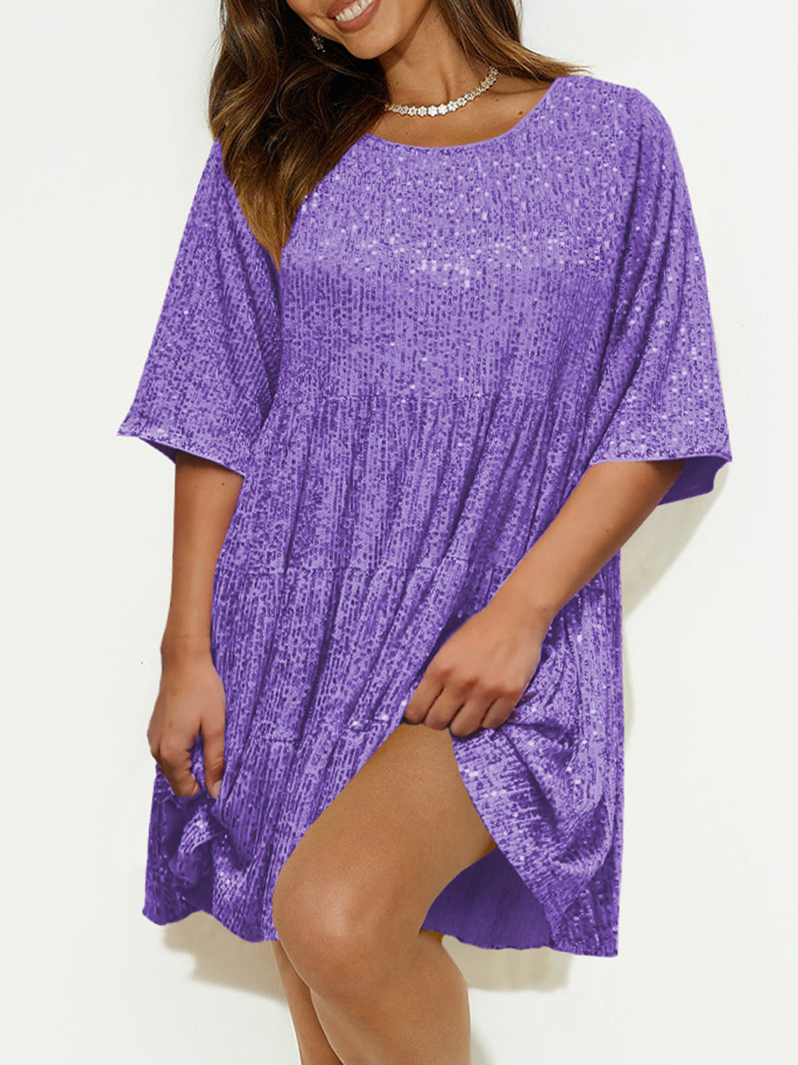 Sequin Round Neck Half Sleeve Mini Dress - Classique Collection