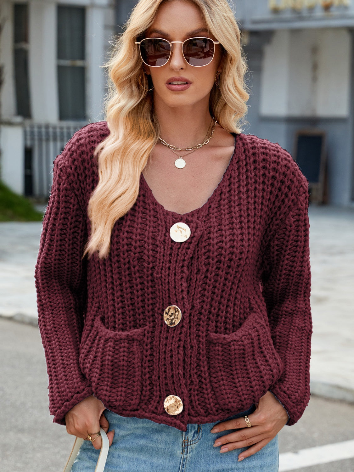 Round Neck Button Up Cardigan with Pockets - ClassiQ