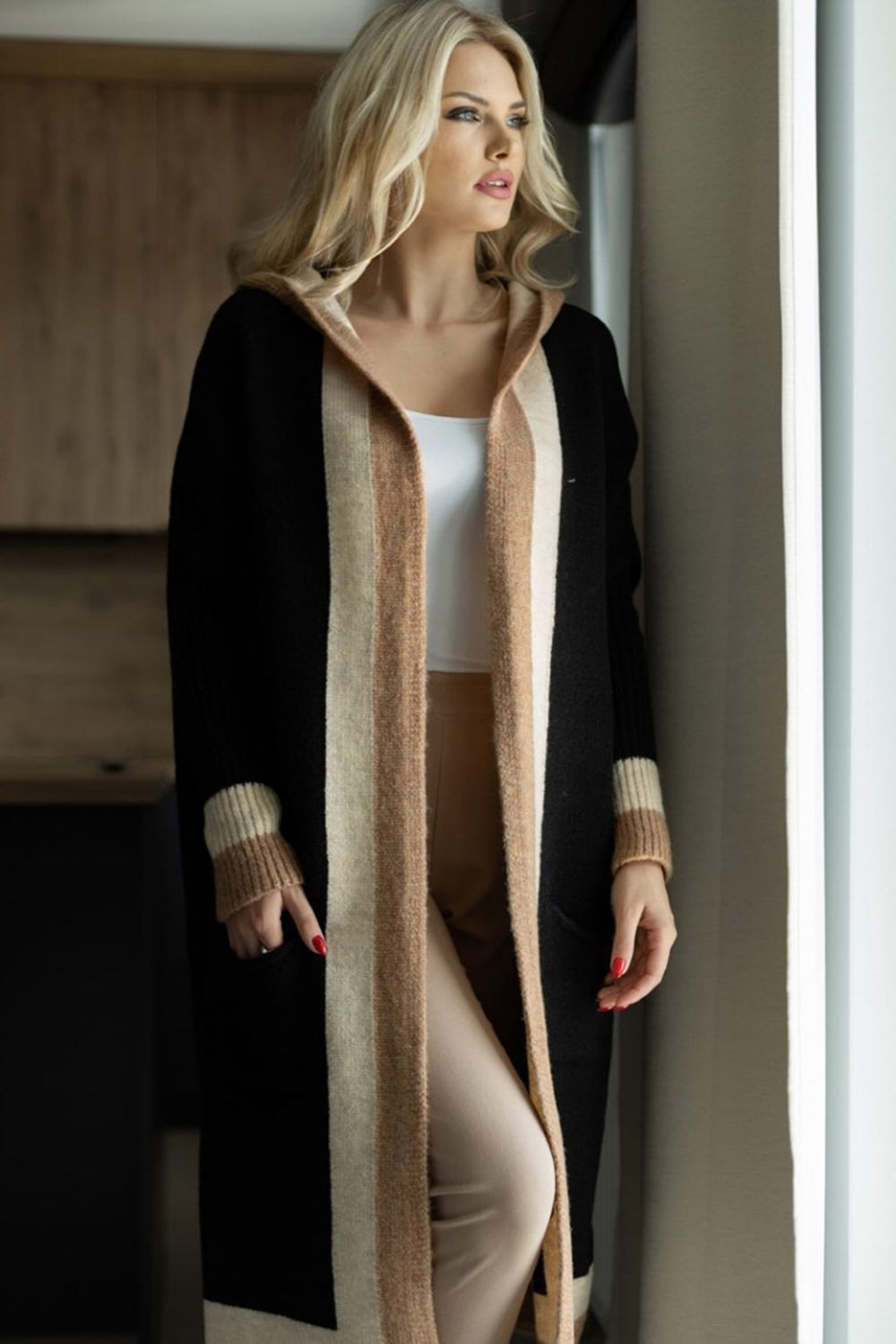 Pocketed Contrast Long Sleeve Hooded Cardigan - ClassiQ
