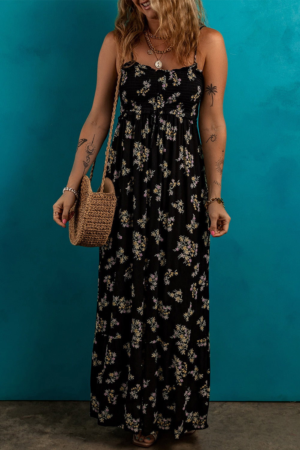 Black Floral Spaghetti Strap Shirred Bodice Tied Empire Waist Maxi Dress ClassiQ