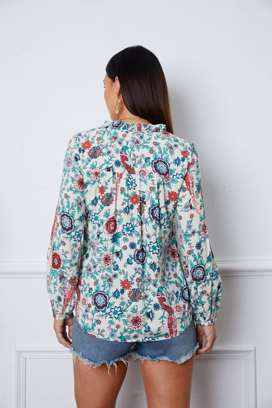 Floral Notched Long Sleeve Blouse - Classique Collection