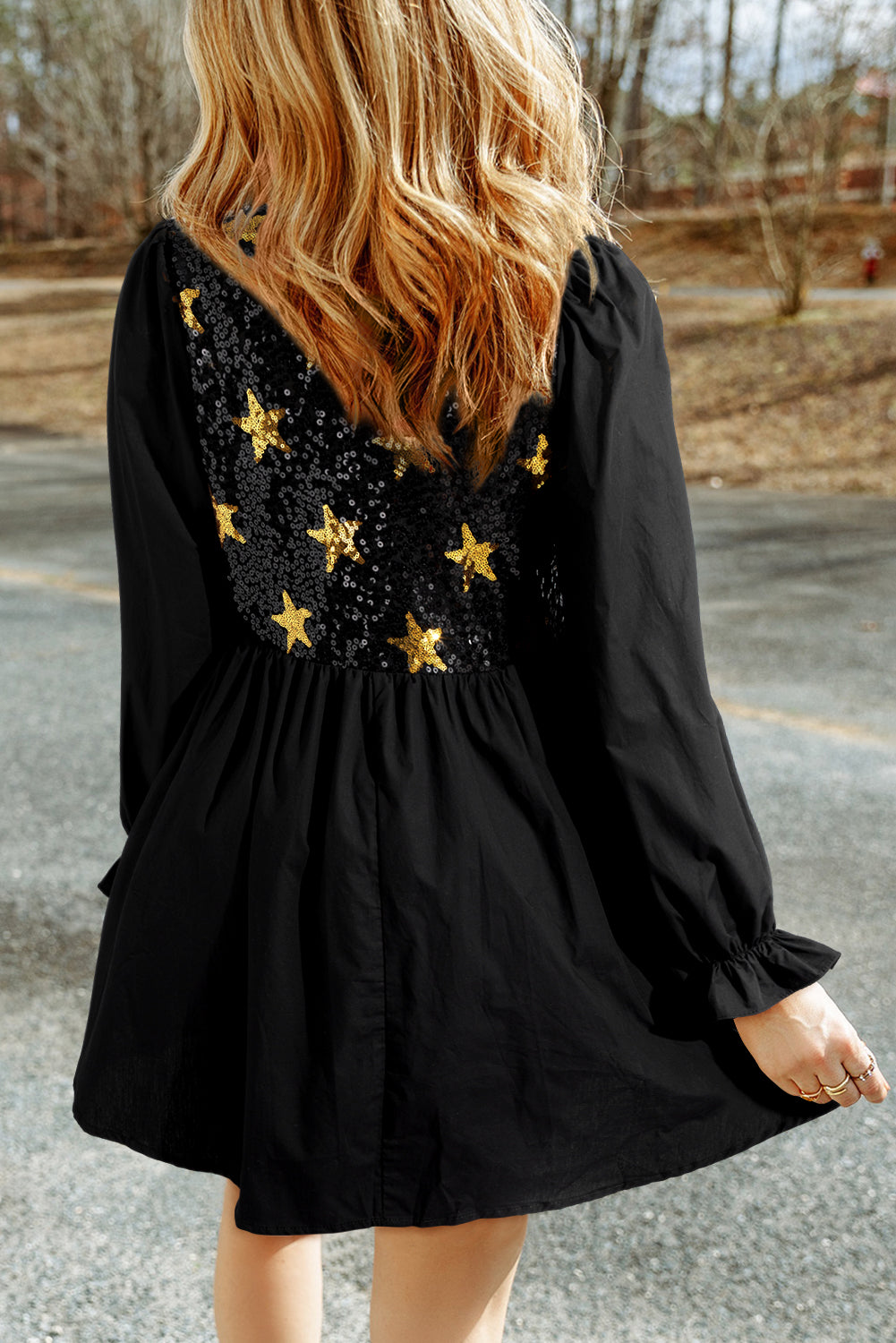 Sequin Star Round Neck Flounce Sleeve Mini Dress - Classique Collection