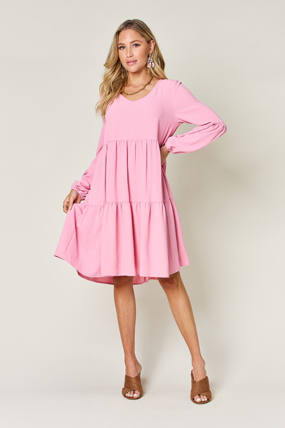 Double Take Full Size V-Neck Balloon Sleeve Tiered Dress with Pockets - Classique Collection