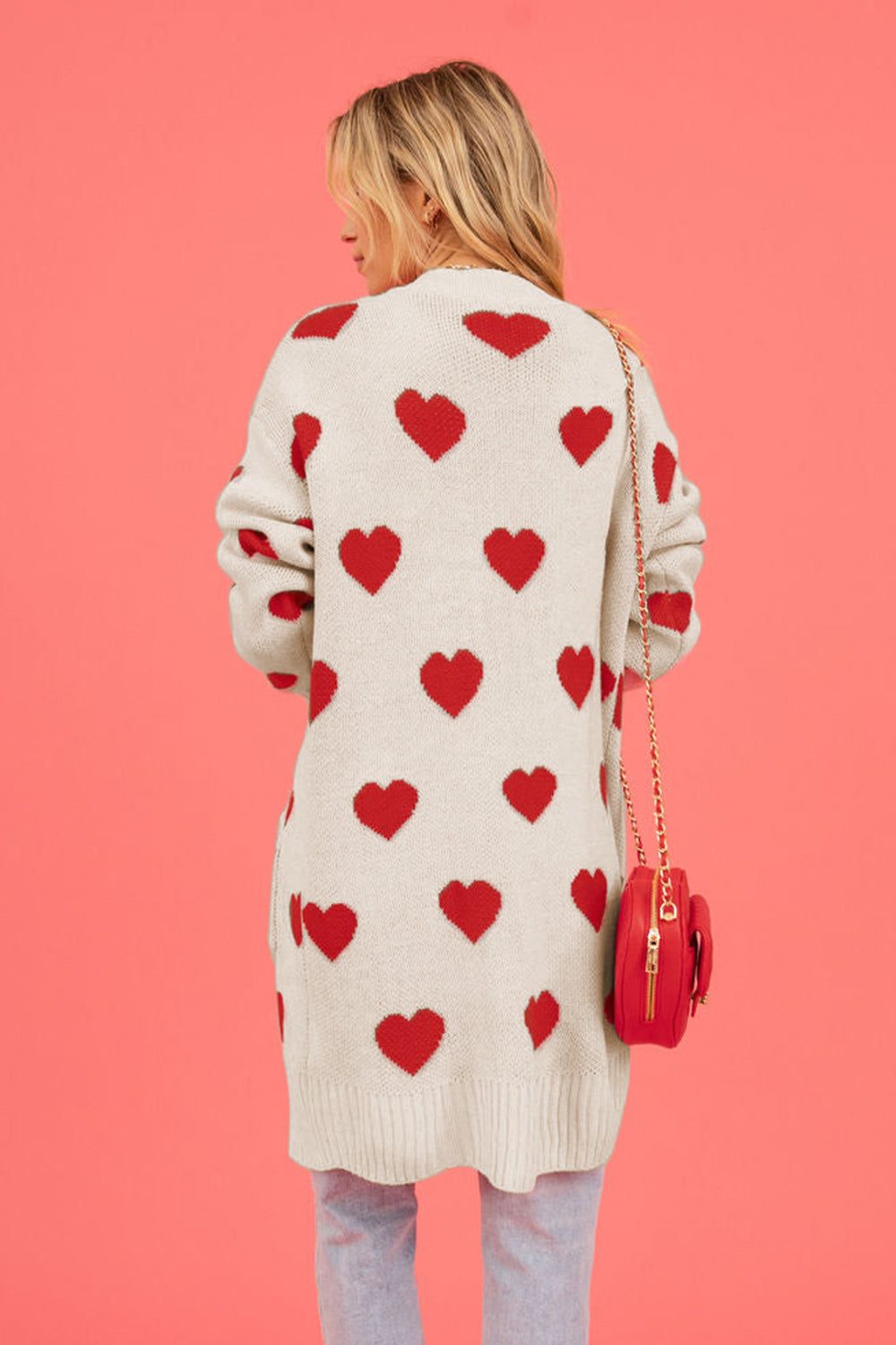 Heart Graphic Open Front Cardigan with Pockets - ClassiQ